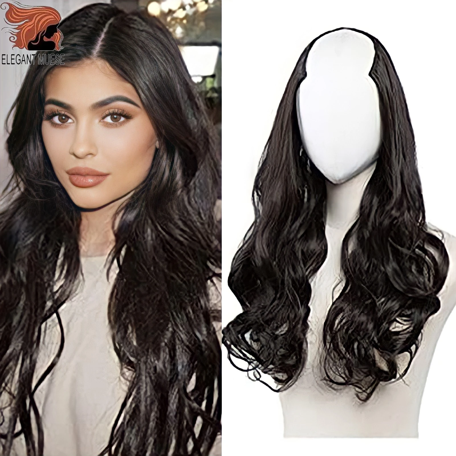 Peluca de cabello sintético para mujer, pelo largo ondulado en forma de U de 24 pulgadas, largo, Natural, negro y marrón, resistente al calor