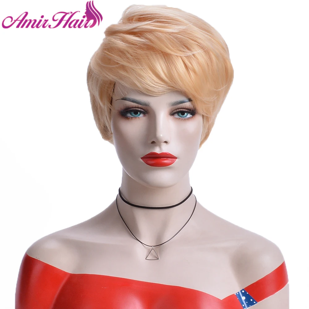 

Amir Short Wigs Straight Synthetic Hair With Bangs Bug Sliver Blonde Wig Cosplay Daily Pixie Cut Heat Resistant Fake Hair