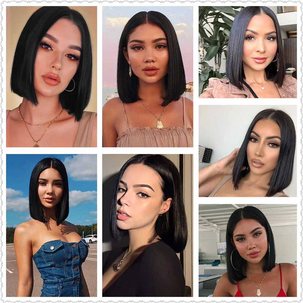 

Short Bob Wig Transparent Lace Wig for Women Highlight Wig Brown Middle Part Straight Synthetic Lace Wigs Daily Cosplay Party
