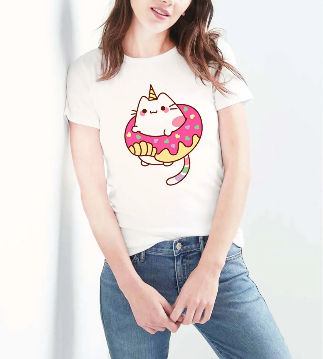 Женская футболка Kawaii Cat Corn с принтом большие размеры 3XL 2XL свободная круглым
