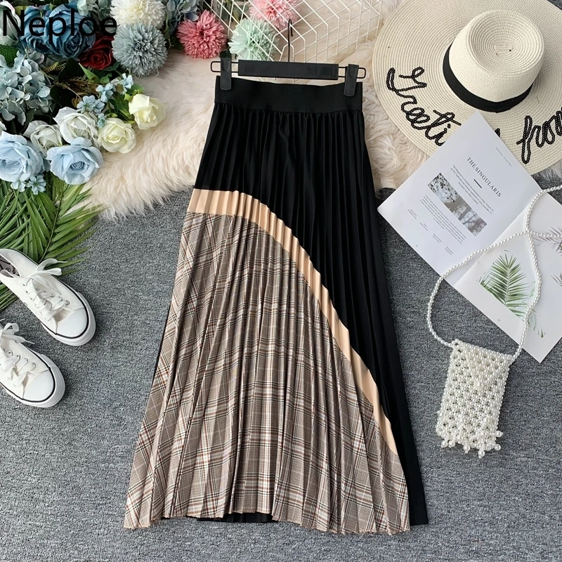 Neploe тонкая клетчатая юбка с высокой талией для девочек в стиле пэчворк