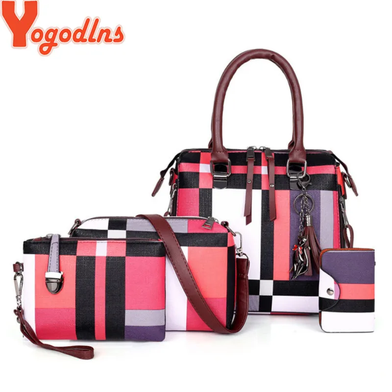 Yogodlns Luxury Handbags plaid Women Bags Designer 2021 tassel Purses and Set 4 Pieces Female Feminina travel tote |