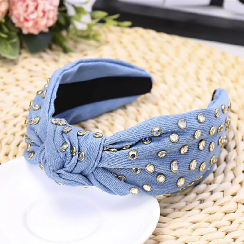 lt blue Джинсовый головной убор, украшенный камнями и узлом, повязки для волос для женщин и девочек, джинсовые аксессуары для волос - Цвет: lt blue