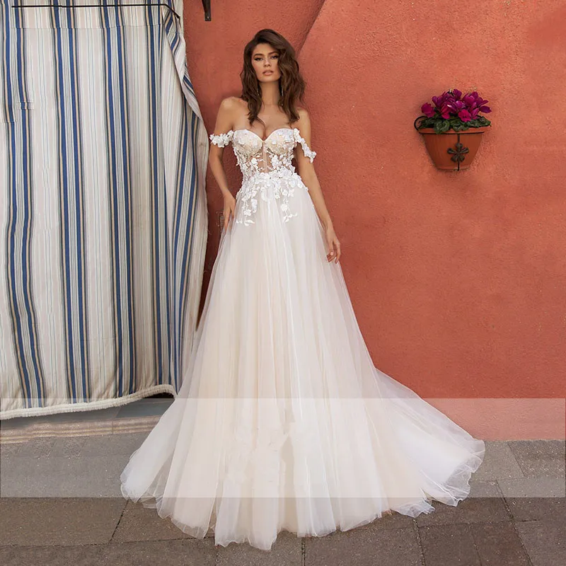 

Boho Off Shoulder Straps Wedding Dress 2020 Sexy Backless A-Line Wedding Bridal Gown vestido de noiva Champagne Tulle Appliqued
