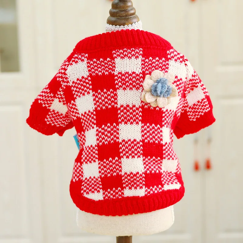 Red and white plaid Рождественский свитер с цветочным рисунком для собаки, красный, желтый, вязаный хлопковый красный, желтый, зимняя мягкая удобная куртка для питомца, одежда для кошек, маленьких щенков - Цвет: Red and white plaid