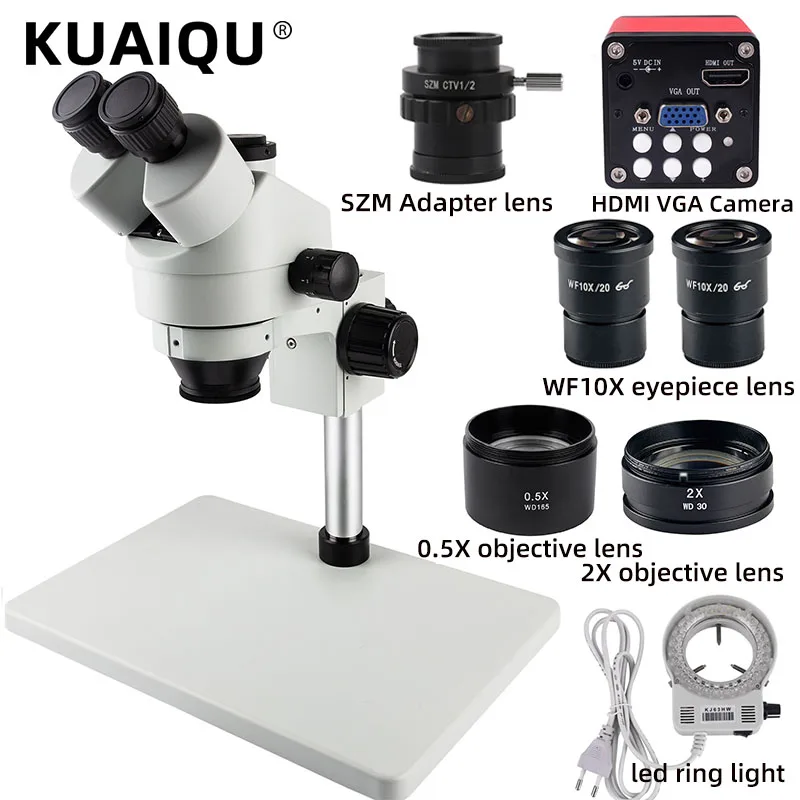 

3.5X-90X Simul-Focal Trinocular Stereo Microscope VGA HDMI Camera With 0.5X 2X Objective lens Soldering PCB Jewelry Repair Phone
