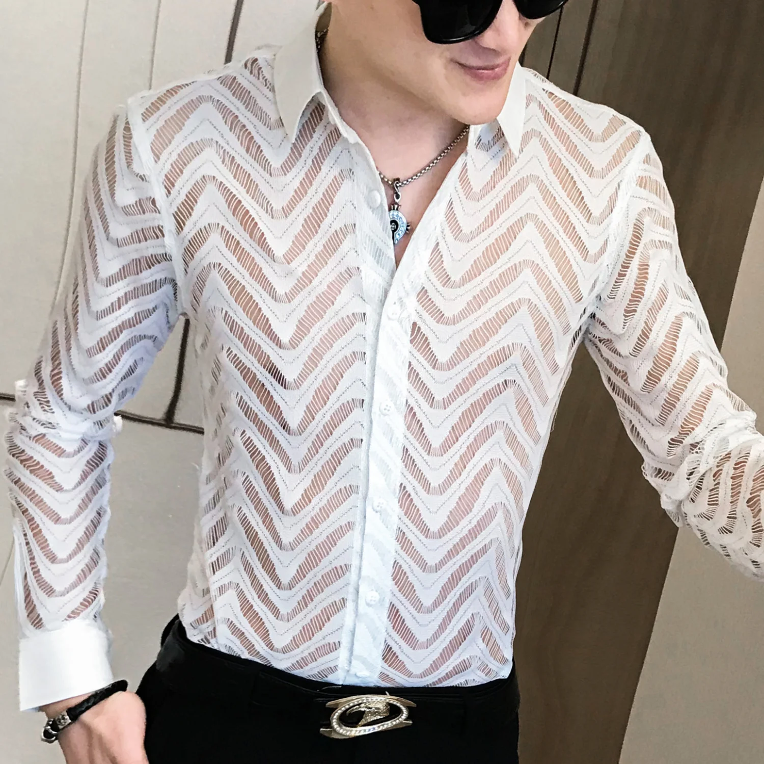 

Camisa Hombre Stitching Stripe Shirt See Through Shirt Men Chemise Homme Marque Luxe Transparent Shirt Summer Short Sleeve Shirt