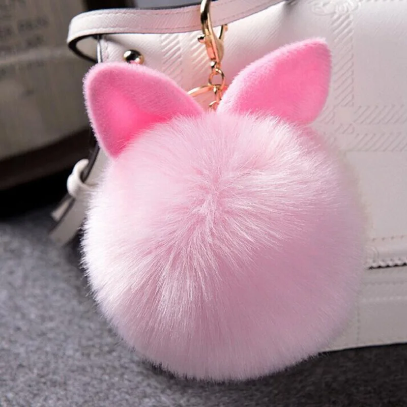 Fluffy Toys Ear Keychain Accessories Rabbit Key Pendant Fur Woman Bag Charms Keyring Pom Car Pompom Holder Gifts | Украшения и