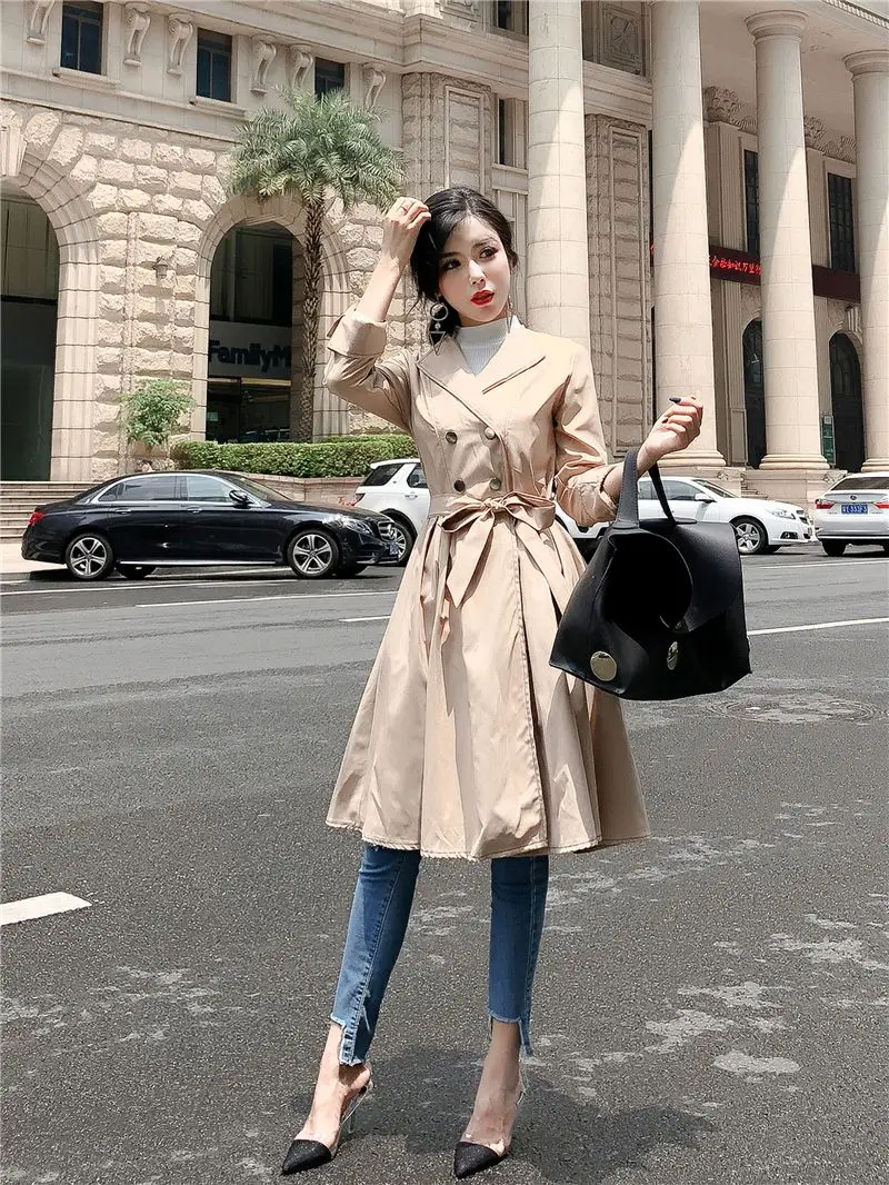 Осенний женский длинный Тренч lt отложной воротник тонкий не 55 талия пальто хаки