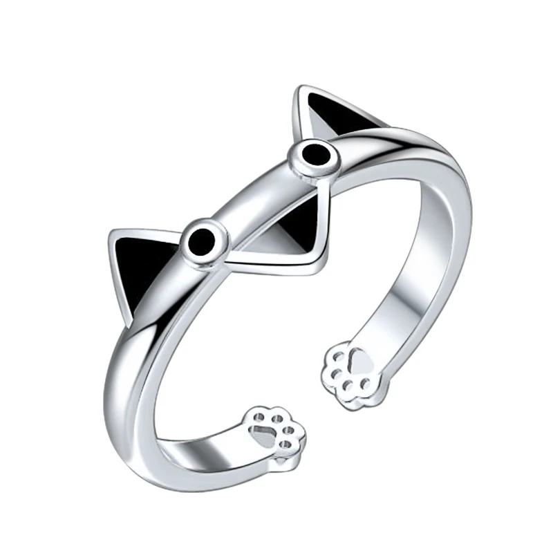 

XiaoJing 925 Sterling Silver Cute Black Enamel Cat Adjustable Ring 2020 Women Fashion Jewelry Valentine's Day gifts Wholesale