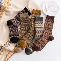 national style geometric vintage socks women high quality cozy breathable combed cotton socks for autumn winter warm sock sox