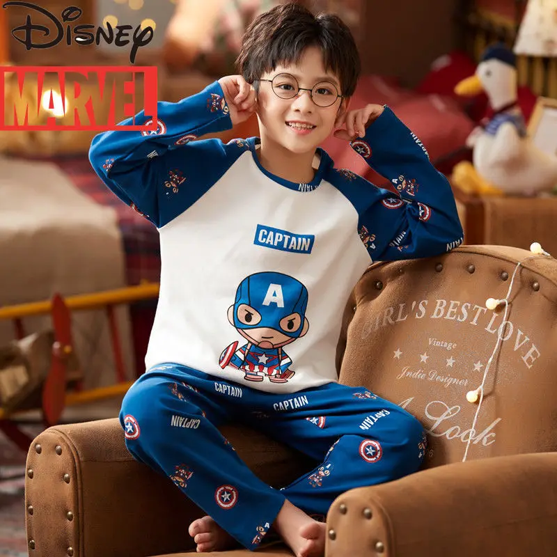 

Disney Marvel Iron Man Captain America Children's Cotton Pajamas Spring and Autumn Long sleeved Children's Cotton Home Clothes
