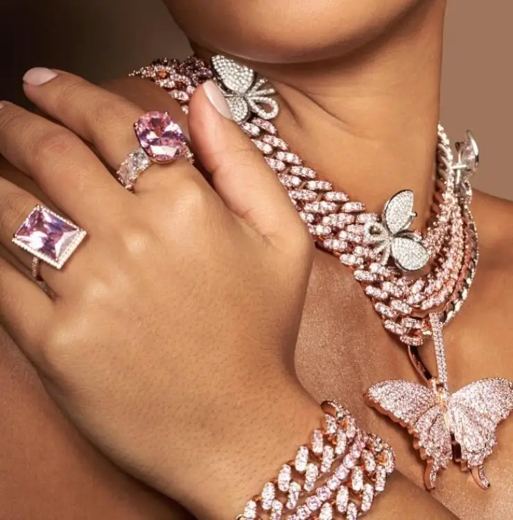 Кубинская цепочка Майами с фианитами крутой чокер 12 мм подвеской в виде розовой