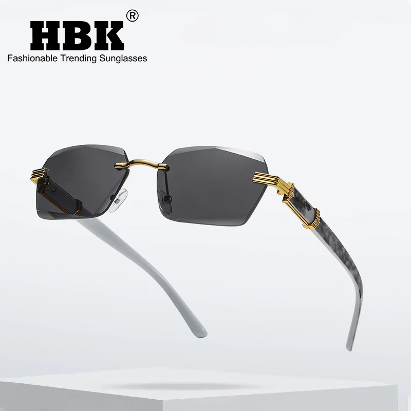 

HBK Rimless Rectangle Textures Sunglasses Men 2021 Small Square Fashion Glasses Blue Light Frame Shade Sun Glasses For Men UV400