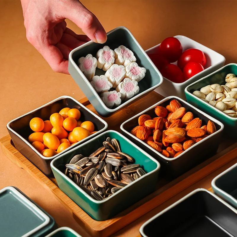 

Ceramic Dogged Plate with Bamboo Tray Fruit Plate Set Candy Dried Fruit Plate Fruit Plate Home Hit The Grid Plate