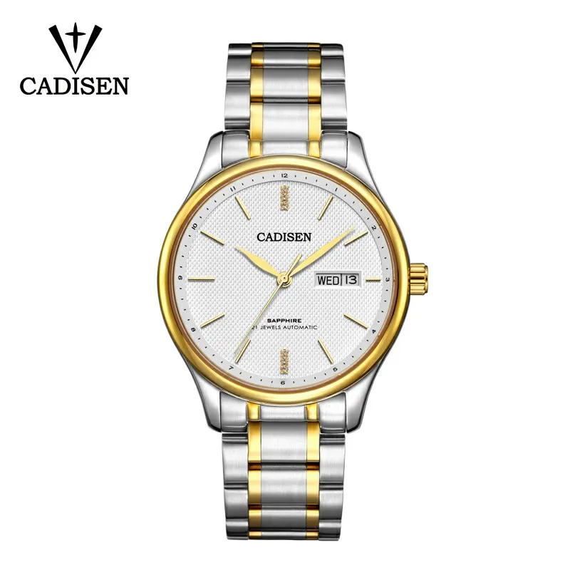 White Gold CADISEN Модные мужские автоматические механические часы спортивные часы для отдыха Бизнес Военные часы 5ATM Календарь Неделя двойной дисплей - Цвет: White Gold