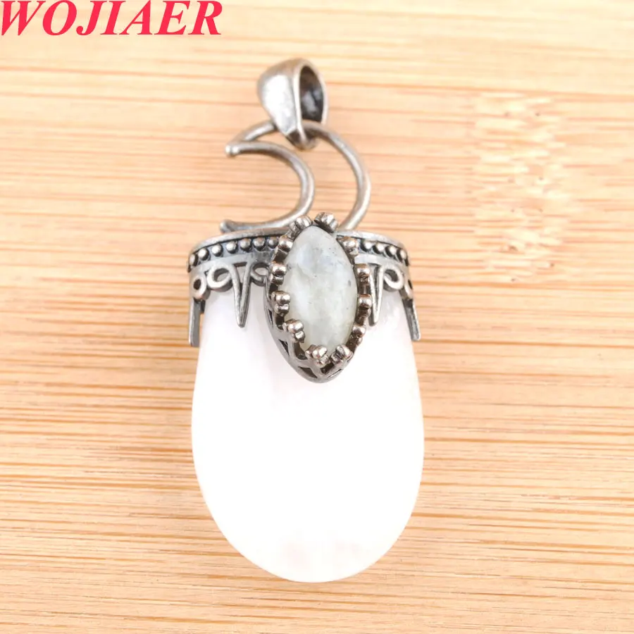 

WOJIAER Natural Stone White Crystal Pendant Antique Silver-color Crown Moon Labradorite Geometric Men Trendy Jewelry PO9078