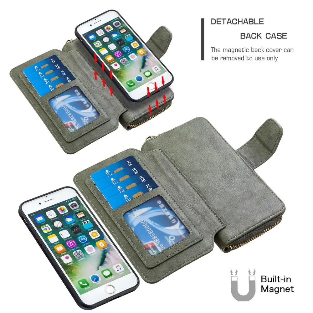 Роскошный чехол с несколькими слотами для iPhone 7 8 кошелек на молнии сумки карт Apple