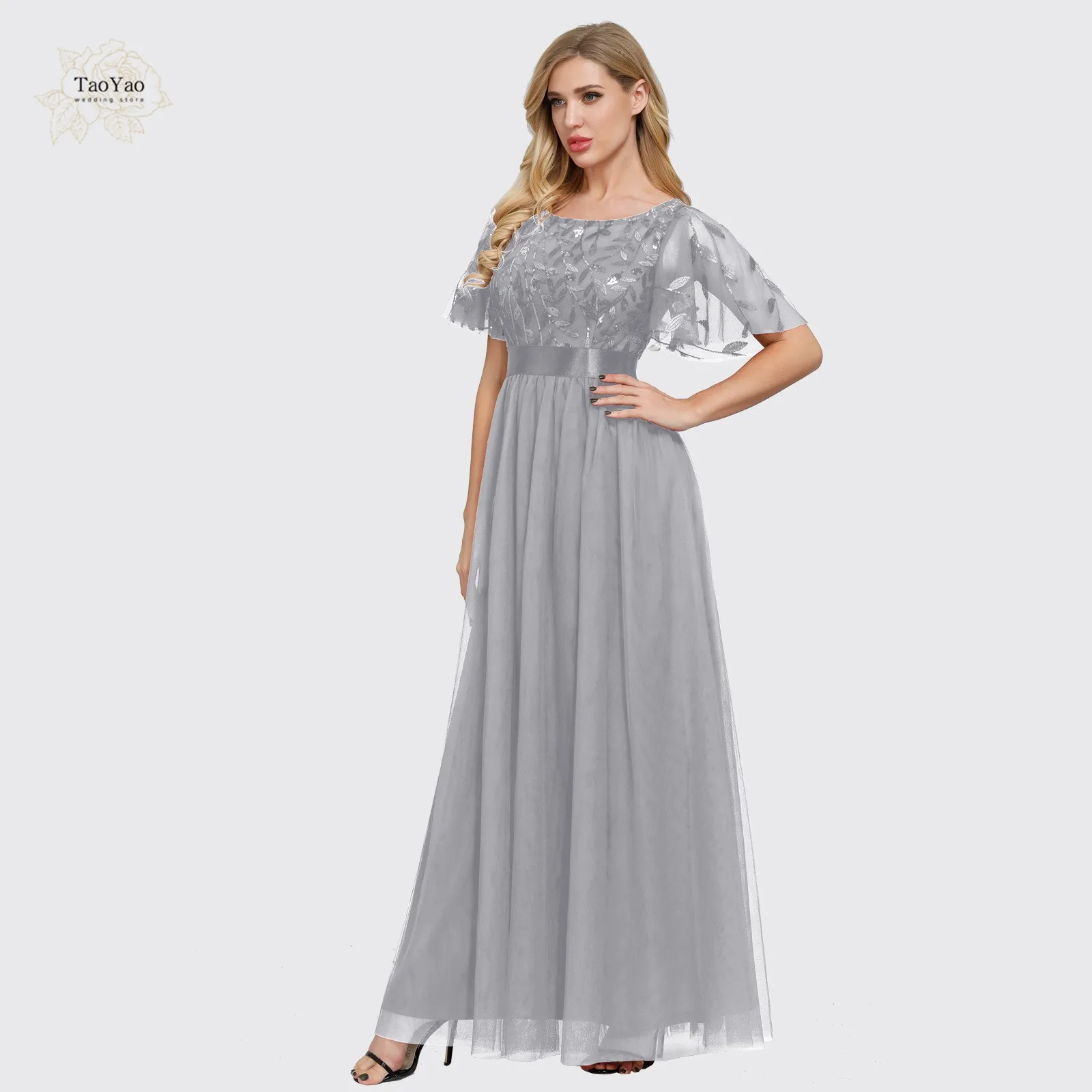

Simple Prom Dress 2021 O Neckline Short-sleeved Leaf Embroidered Belt Dresses Woman Party Night Evening Gowns for Women