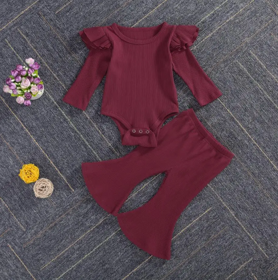 

Kids Baby Spring Autumn Clothes Solid Color Long Sleeve Ruffle Bodysuit Top Flare Pants Baby Clothing 2pcs