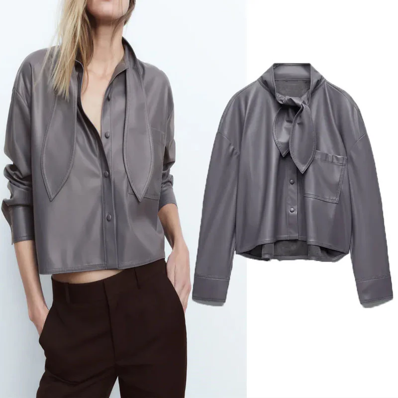

Za Faux Leather Bow Woman Top 2021 Chic Tied Collar Pocket Autumn Coats Fashion Long Sleeve Asymmetric Hem Button Female Jackets