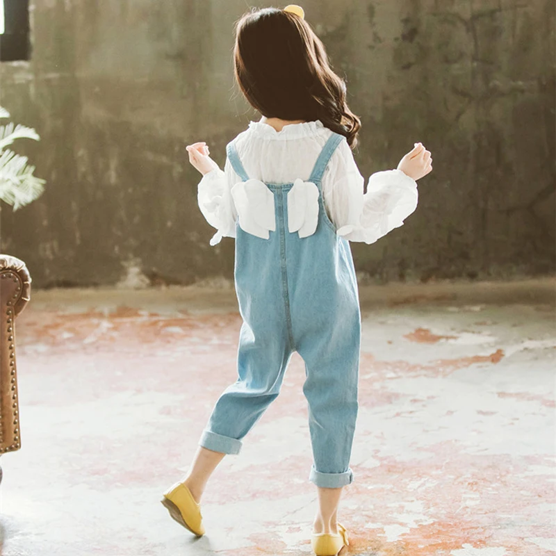 Комплект одежды для девочек элегантная рубашка + джинсовый комбинезон детская