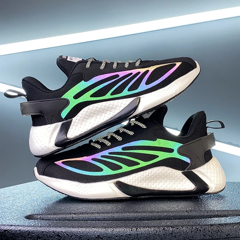 

Trend Casual Shoes Men Breathable Reflective Lace Up Sports Shoes Popcorn Bottom Footwear Lightweight Mesh Walking Sneakers Male