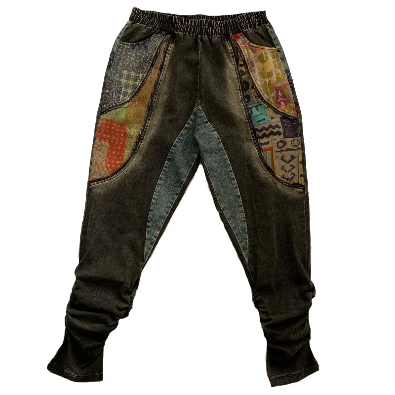 

LYUZHE Vintage Stitching Color Harem Pants Women 2021 Autumn Patchwork Denim Trousers High Waist Female Full Length Pants QDY175