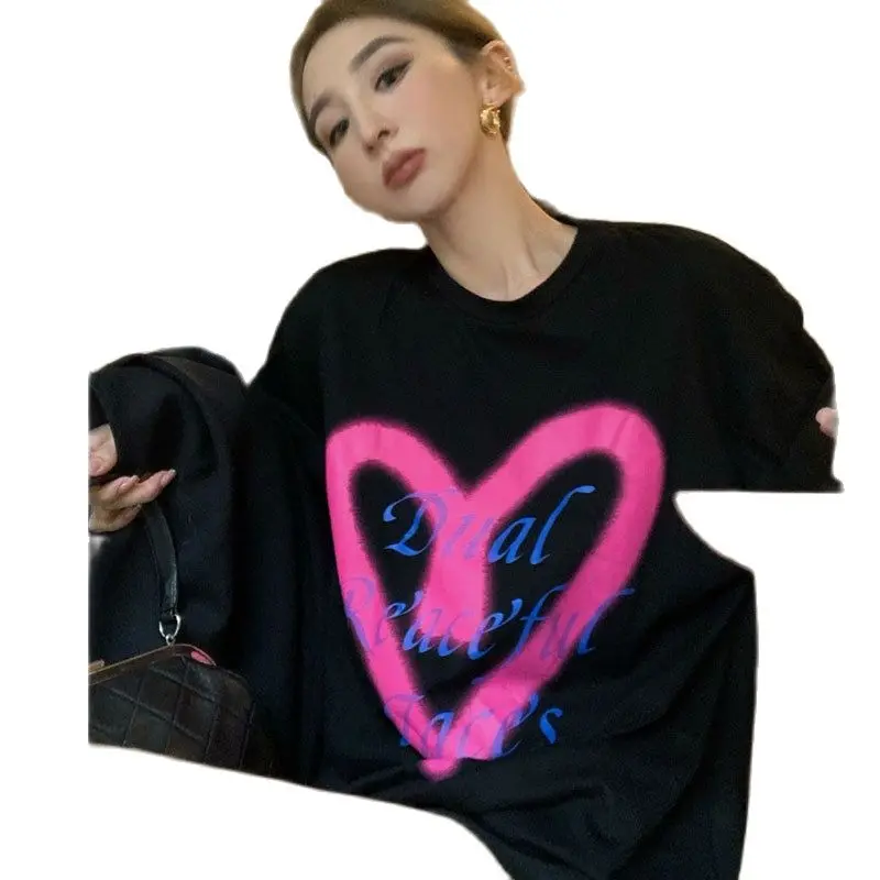 

Korean Love Print Oversize Short Sleeve T-shirt Women's 2021 Summer New Loose Casual Color Contrast Top