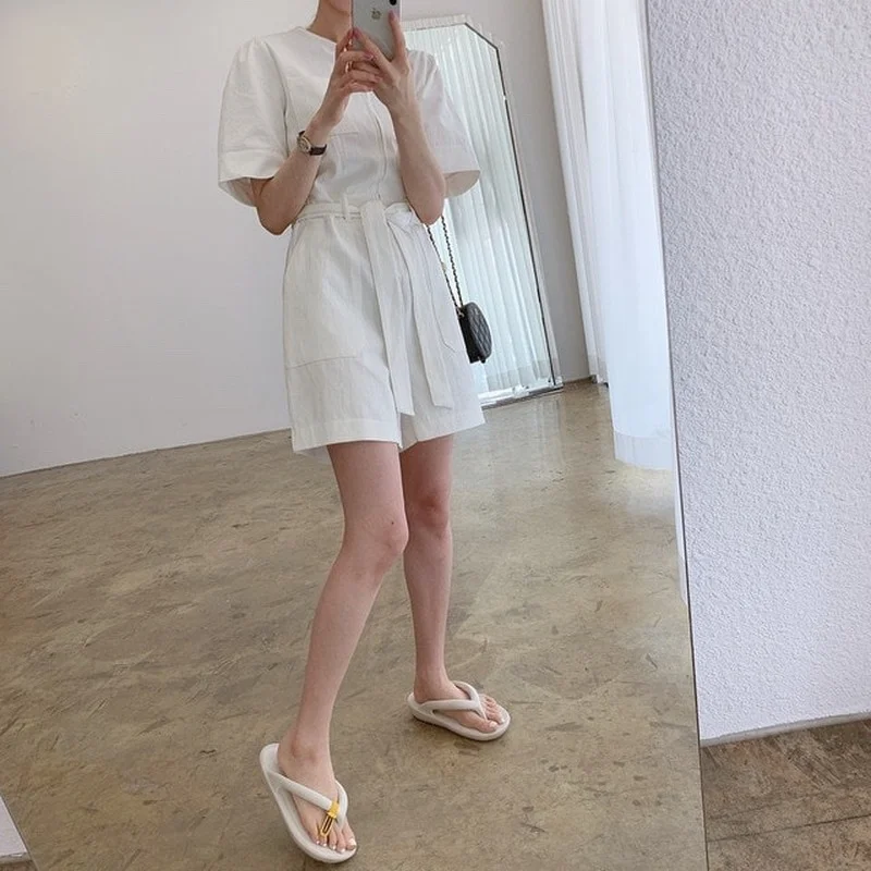 

Elegant Casual Pink Jumpsuits Women Summer 2021 Korean Fashion Short Sleeve Clothes Design Light White Wide-legged Jumpsuits New