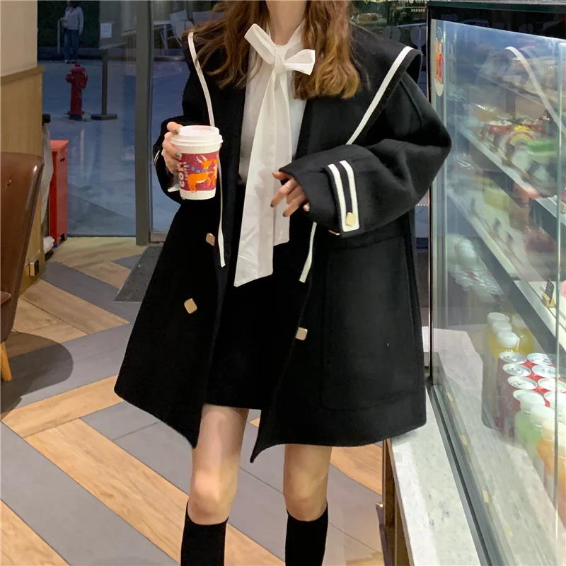 

SHZQ 2021 Новое темно-синее шерстяное пальто с лацканами, женская верхняя одежда средней длины, женская верхняя одежда в Корейском стиле, куртка...