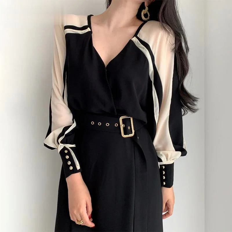 

V Neck Lantern Long Sleeve Pullover Dress Women High Waist Hip Sashes Straight Vestidos Hit Color Patchwork Loose Robe