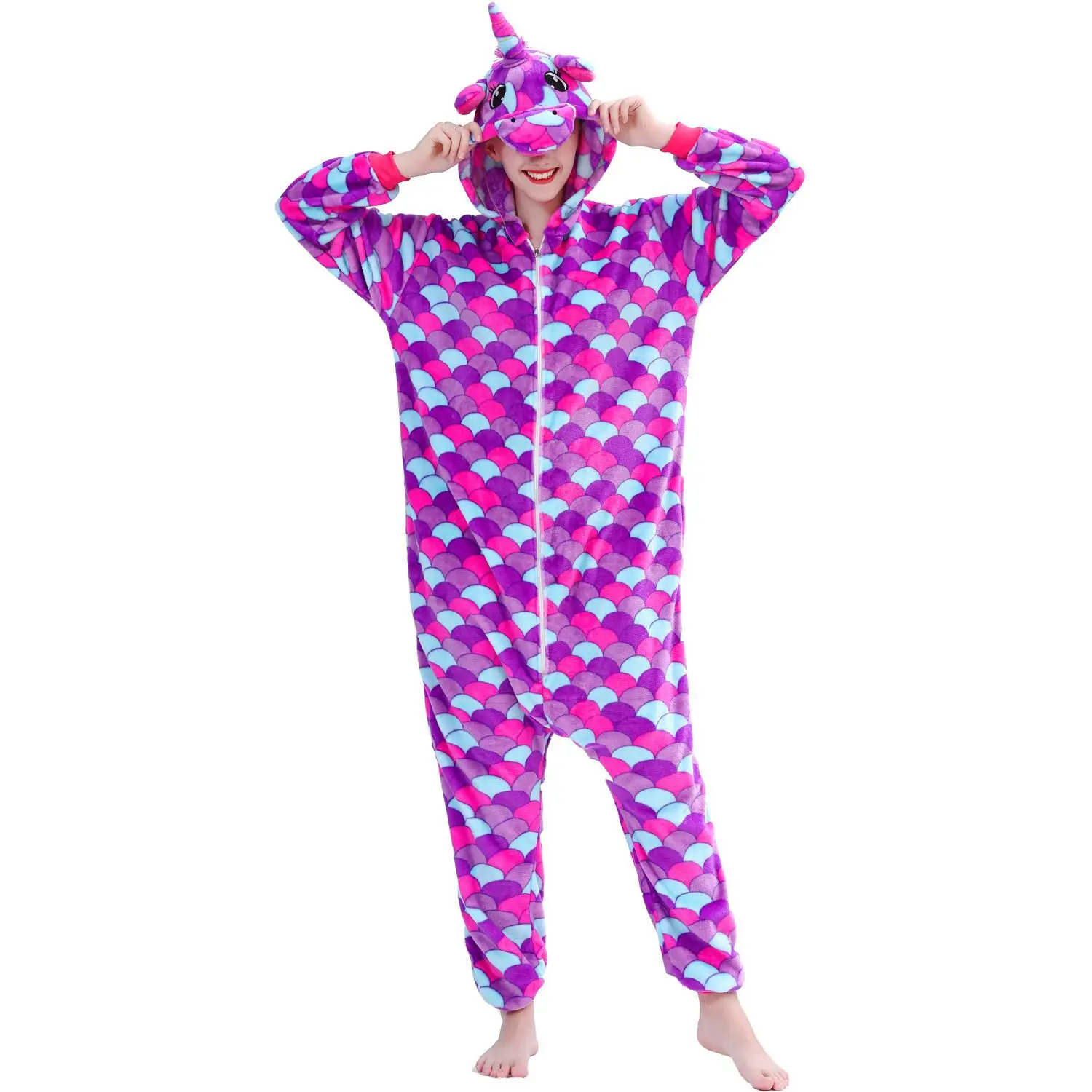 Новейшая зимняя Пижама с единорогом Kigurumi Ститч Пижама с животными ползунки «панда» для женщин и мужчин унисекс для взрослых фланелевые комплекты домашней одежды - Цвет: Purple Fish TianMa