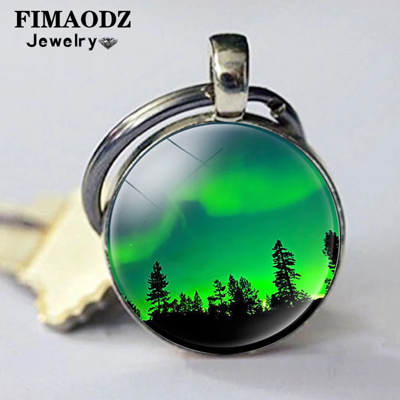 

FIMAODZ брелок с изображением северного сияния, красивое ночное небо, стеклянный кабошон, подвеска из сплава, модный брелок для ключей, подарок ...