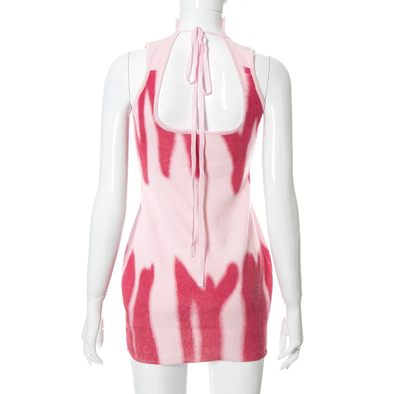 

Dourbesty Tie Dye Knitted Mini Dress Sleeveless Backless Tie Up Bodycon Dress Women Sexy Evening Dress Beach Style Y2K Vintage