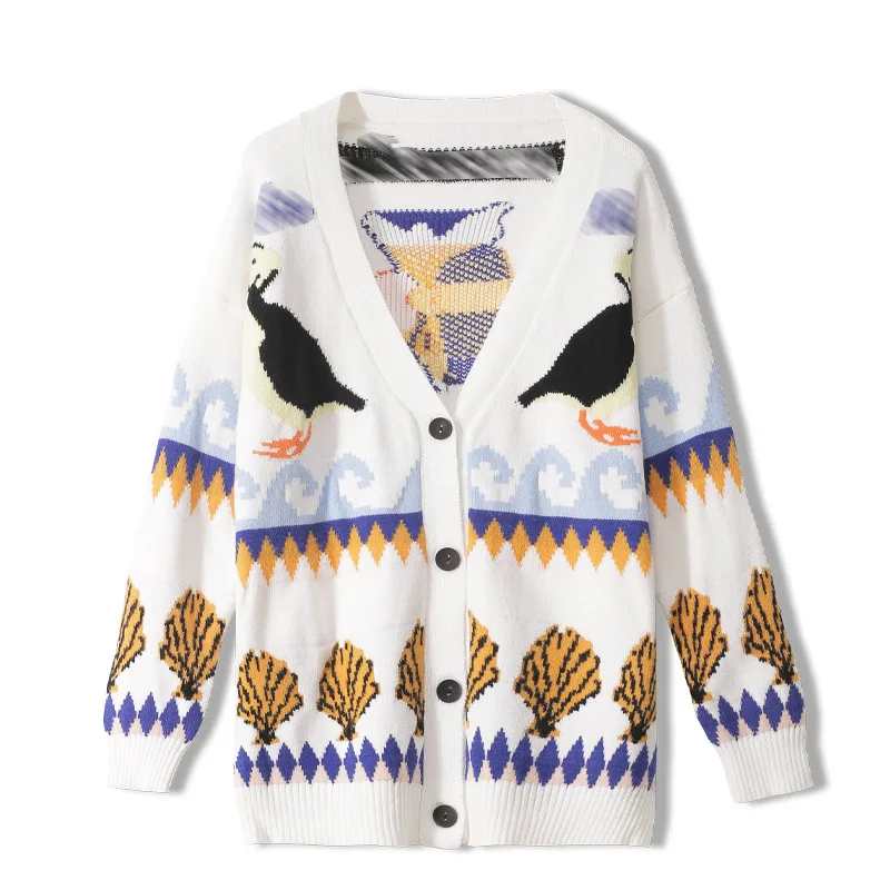 Женский кардиган с длинным рукавом вязаный однобортный Кардиган птицами