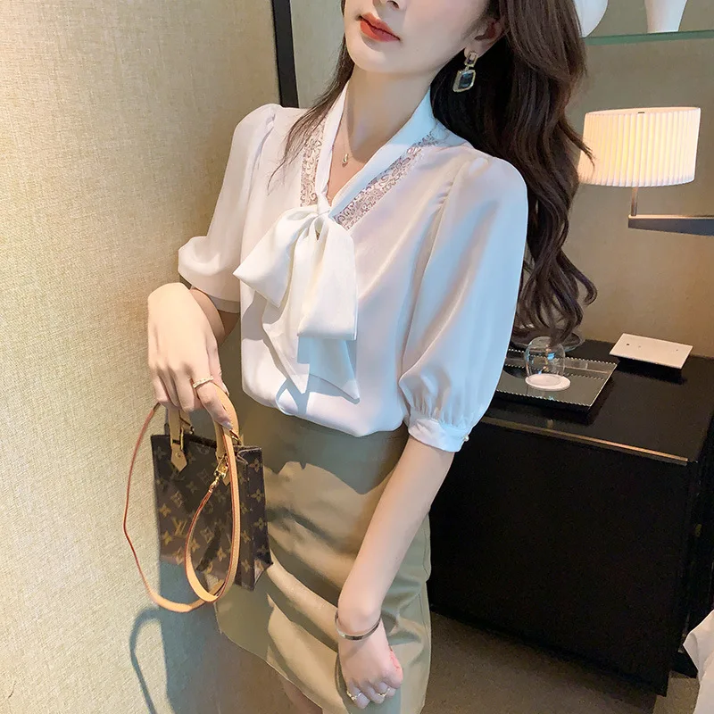 

Women Blouse Bow O Neck Lace Collar Solid Color Simple Elegant Shirt Women Tops blusas mujer de moda 2021 verano