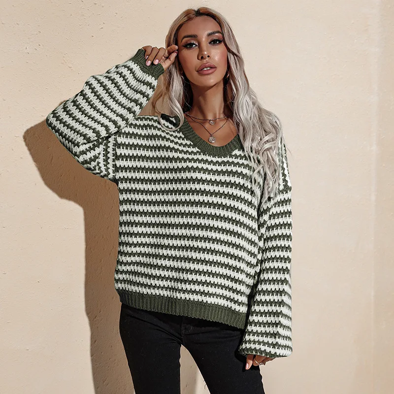 

Pullover 2021 Spring And Autumn Fashion Casual Loose Streewear Long Sleeve Stripes Green Top Women Knitted Sweater