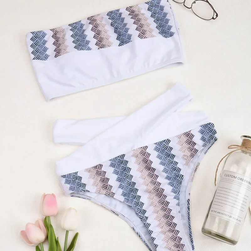 

Cross Bandeau Bikini 2021 Retro Solid Matching Swimwear Women Swimsuit Striped Bikini Set Beachwear Biquini Bathing Suit E59