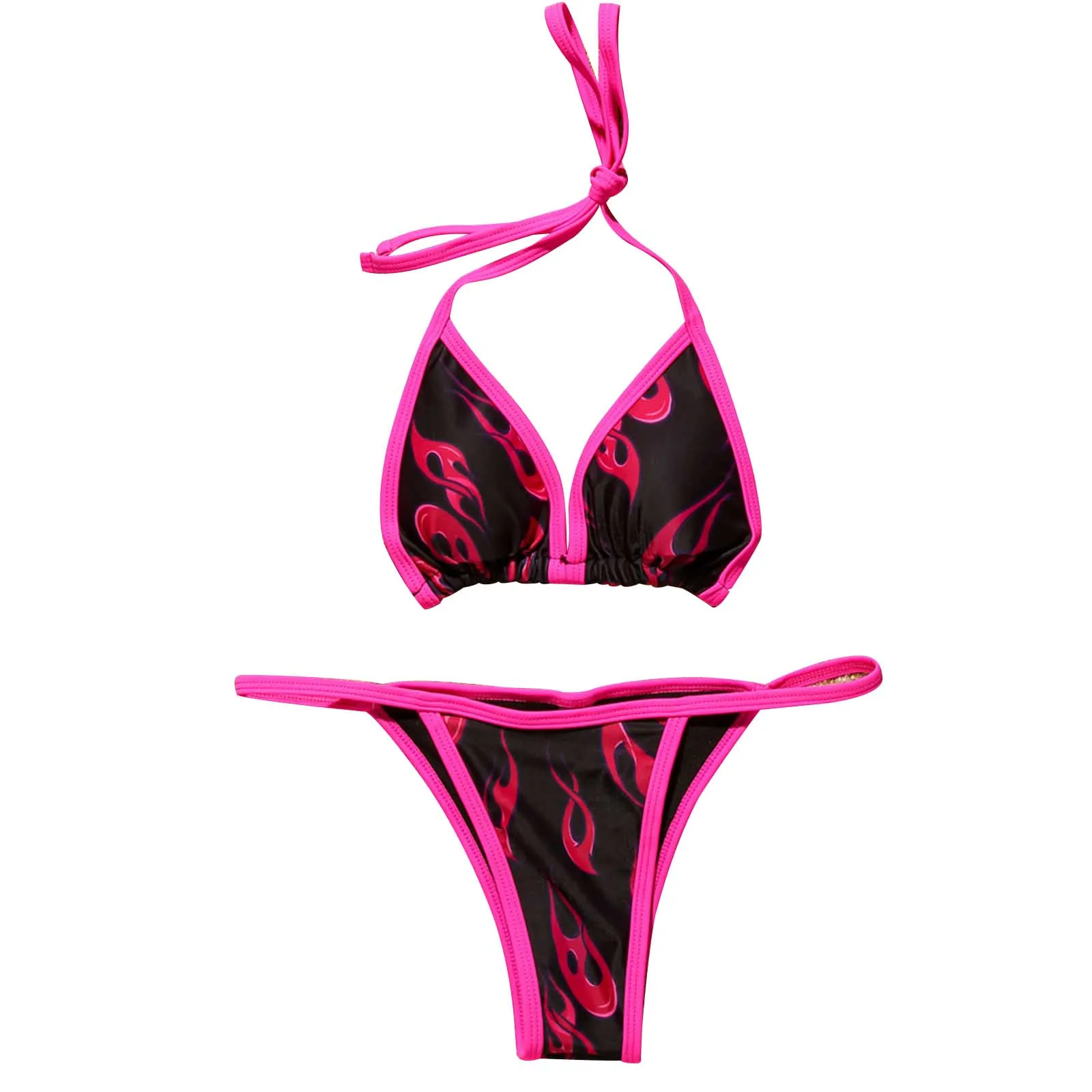 

2 Pcs Women Sexy Bathing Suits, Adults Flame Print Tie Up Padded Halter Bra + Thong