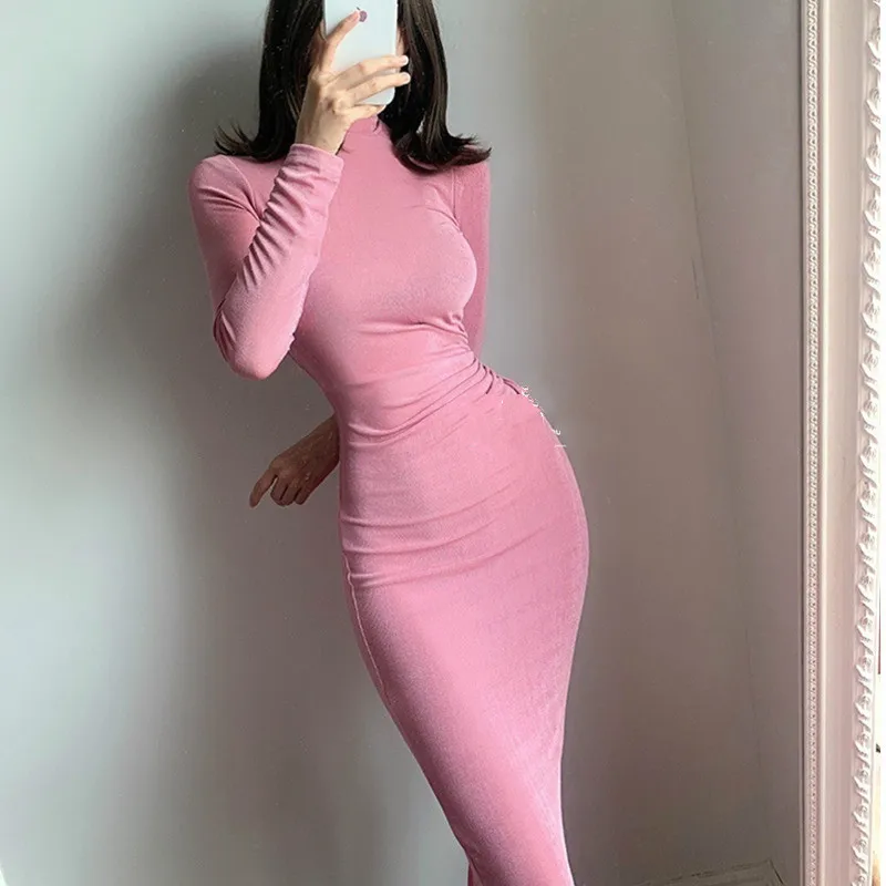 

WOMENGAGA Winter Base French Turtleneck High Fold Waist Pleated Thin Temperament Solid Color Long Sleeve Dress Long Dresses XE89