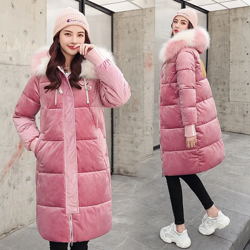 Down parka Warm Hooded Fur Cotton Parkas collar long-term students in women's knee-length golden velvet jacket for winter 1075 |