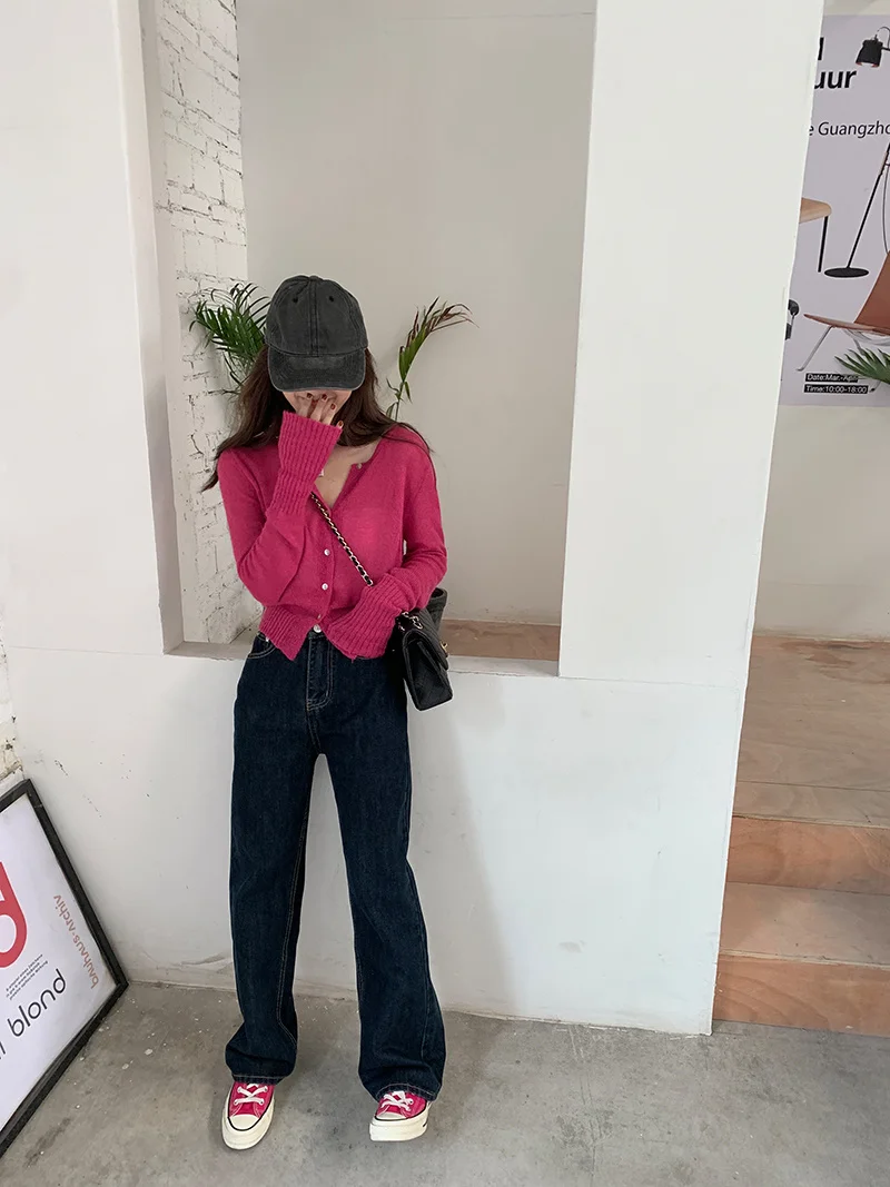 Simple Dark Jeans Blue Wide Leg Korean Loose High Waist Commuter Casual Straight Pants Small 2021 | Женская одежда