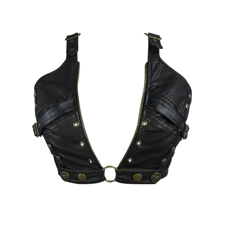 

Punk Night Clubwear Sexy Bras For Women with Metal Lace Up Chest Crop Top Retro PU Cage Corset Costume Cosplay Tops