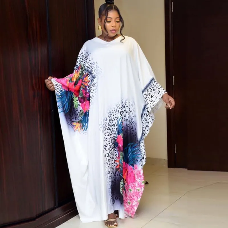 

African Maxi Dresses For Women Boubou Loose Batwing Sleeve Robes 2021 New Leopard Print Dashiki Casual African Long Dress Summer