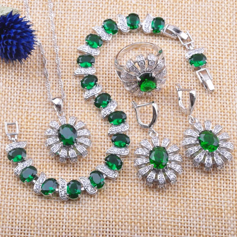 Женский ювелирный набор браслет зеленый цирконий серебряное ожерелье и