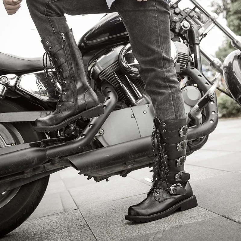 

Мужские кожаные мотоциклетные ботинки до середины икры, военные боевые ботинки в готическом стиле с ремешком, Мужская обувь в стиле панк, та...