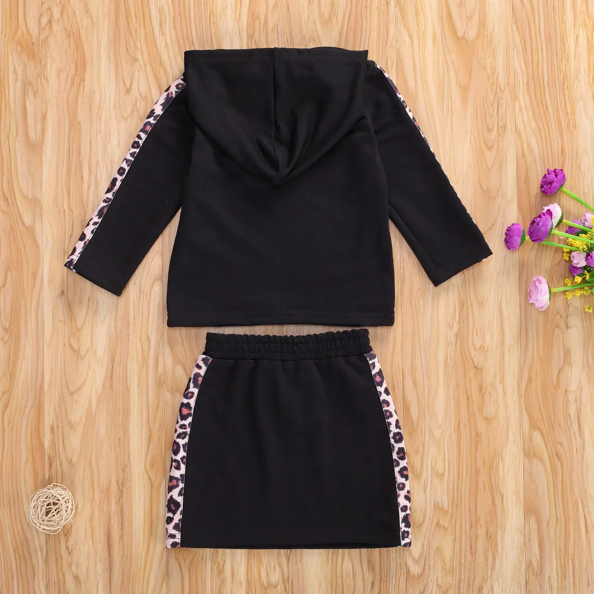 

Fashion Girls Clothing 2pcs 0-5Y Toddler Kids Baby Autumn Long Sleeve Leopard Striped Print Hooded Tops +Skirts 2pcs Set