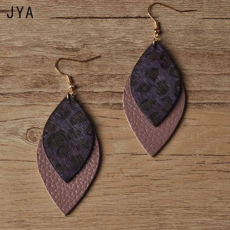 2 JYA, леопардовые кожаные серьги для женщин, настоящее перо, капля, большие длинные серьги, висячие, модные, в виде листьев, висячие, капли для ушей, осень - Окраска металла: 2