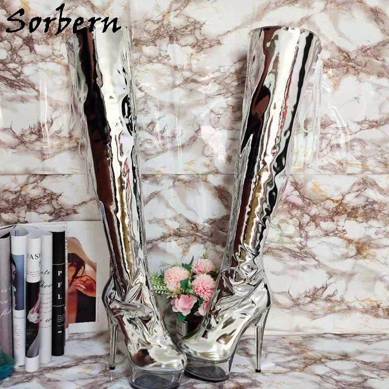 

Sorbern Silver Metallic Shiny Women Boots Transparent Perspex High Heels 15Cm Custom 17Cm 20Cm Drag Queen Race Boots Long